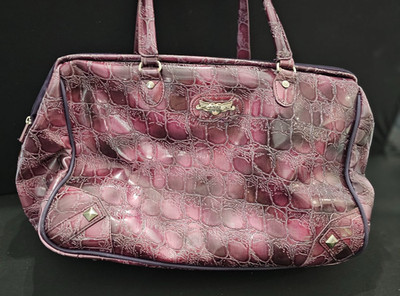 Kathy Van Zeeland Purple Faux Croc Satchel Handbag Patent Shoulder Bag - [B-17]