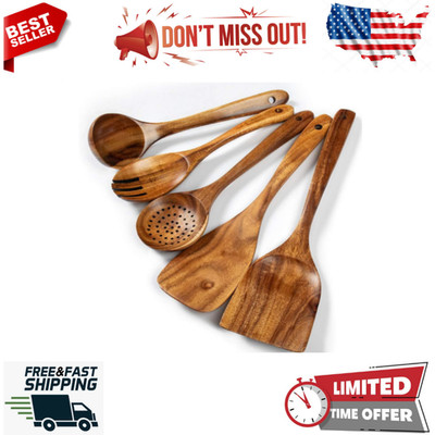 Wood Kitchen Utensils Set, 5 PCs Natural Acacia Wooden Spoons For Cooking for No