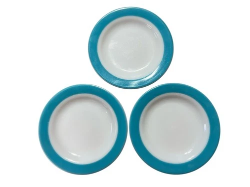 Set - 3 Vtg PYREX BLUE BAND Milk Glass BREAD PLATE 6 3/4" Turquoise Aqua Rim USA