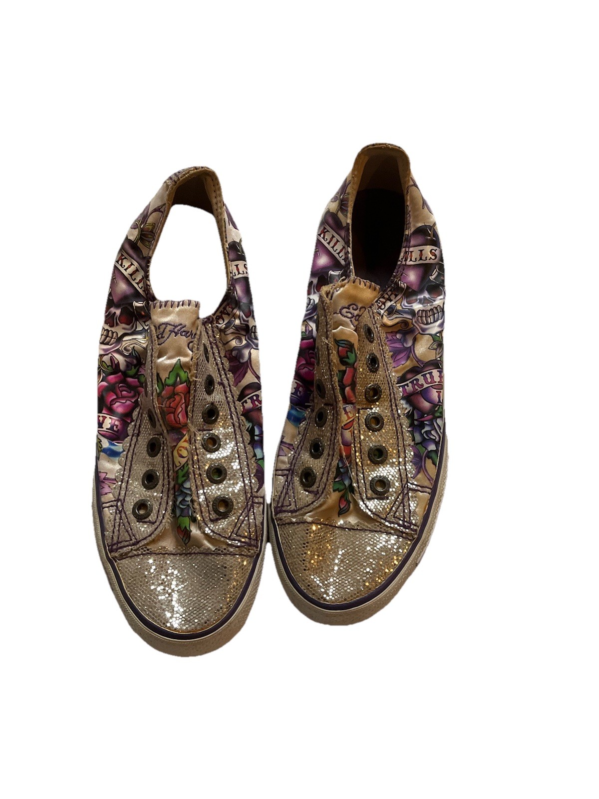 Ed Hardy love kills tattoo sneakers women&rsquo;s size 8 gold to
