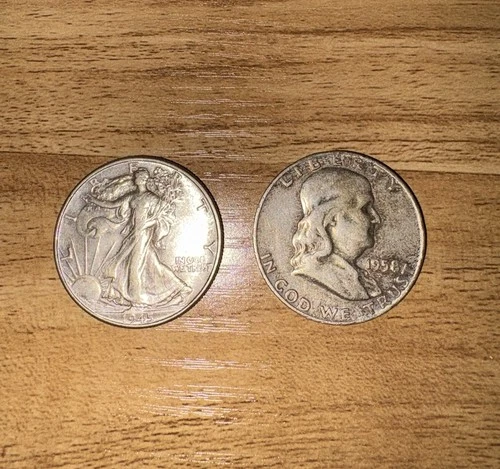 Walking Liberty 1945 & Franklin 1958 Half Dollar Silver Coins Lot