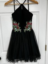 Blondie Nites Stacy Sklar Black Halter Tulle Dress Size 3 floral embroidered