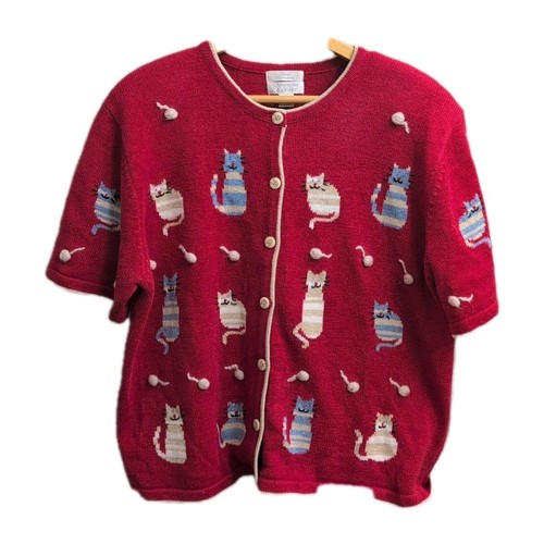 Vtg Christopher & Banks Embroidered Cat Short Sleeve Sweater Cardigan Women XL
