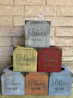Rustic Multicolor Wooden Tissue Box Cover 'Bless You' Script Decorative
