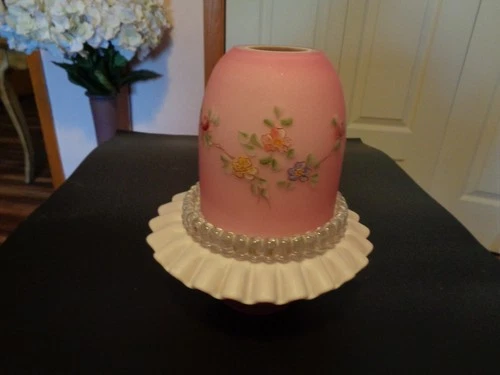Fenton-Pink & White- Burmese Satin w/Flowers 3 Piece Fairy Lamp LOOK LOOK