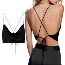 NWT Zara Black Satin Effect Lace-Up Back Cowl Neck Viscose Halter Cami Crop Top
