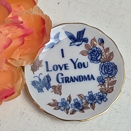 Vintage 'I Love You' Grandma Dish Tiny Plate Blue Bird Butterfly Floral Gold Rim
