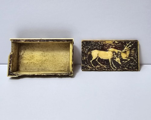 Antique 19th Century Carved Bone Snuff Box & Lid w/ Deer Scene Relief Carving