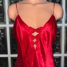 Vtg FREDERICK OF HOLLYWOOD Red Satin Lingerie Nightgown Chemise Gown DRESS M