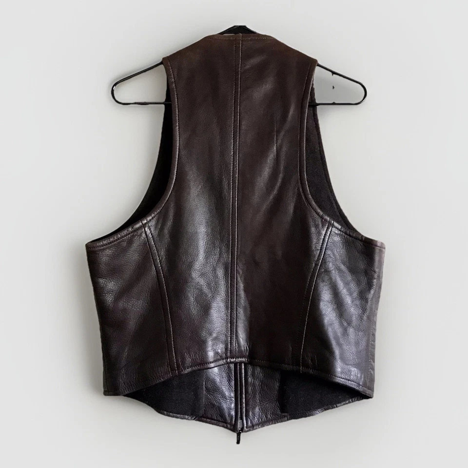 Chaleco de cuero marrón vintage DONNA KARAN para hombre forro de lana unisex talla mediana Foto 2 de 4