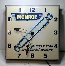 VINTAGE Monroe Shock Lighted Clock Sign Oil Gasoline Service Station 16 inch