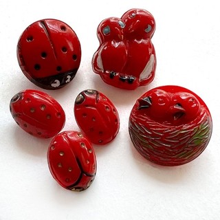 Lot of 6 Vintage Red Glass Buttons Lady Bugs and Birds 1/2 5/8”