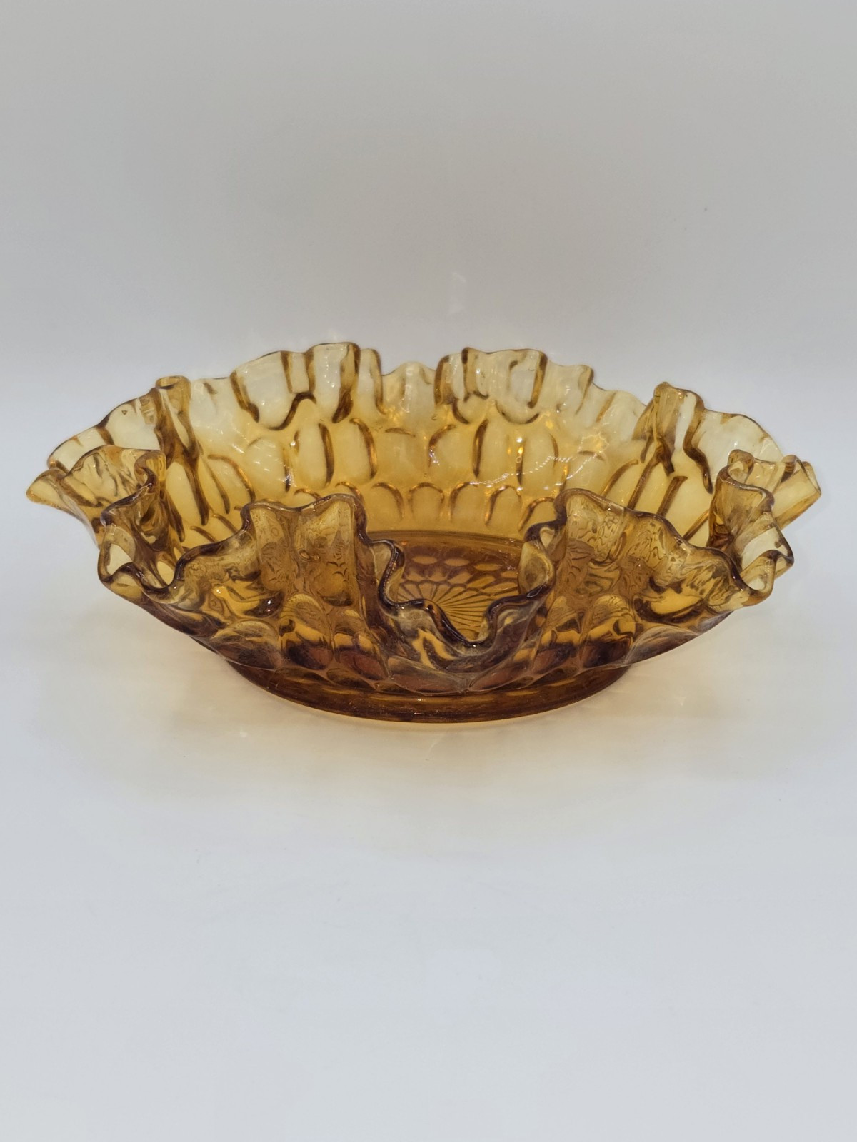 Vintage Fenton Amber Glass Ruffled Edge Candy Dish Centerpiece