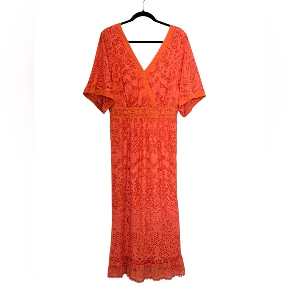 Farm Rio NWT Maxi Dress Women M Orange Burnout Floral Anthropologie Boho Wrap