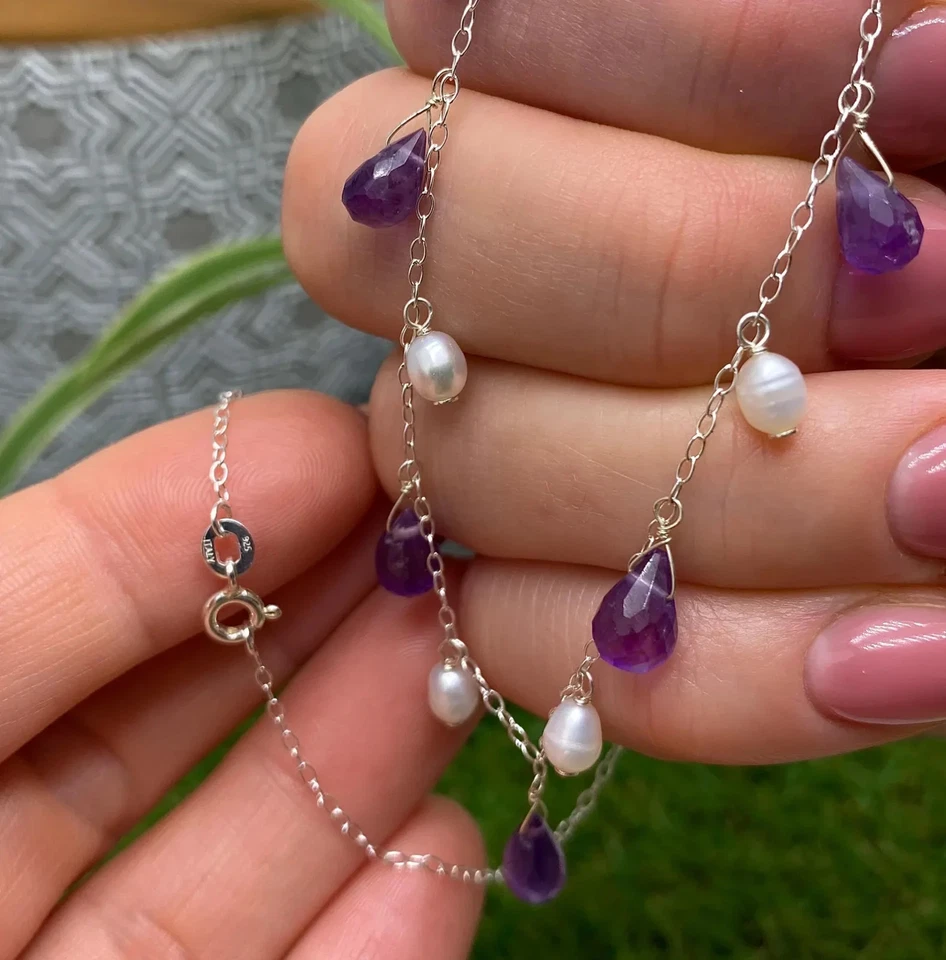 Natural Briolette Amethyst and Creamy Pearl Necklace, silver 925. 18Inches - Image 4 of 4