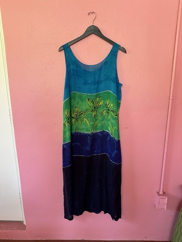 Women's Vintage Longitude Blue & Green Floral Sheer Coverup Dress Size Large