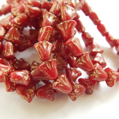 10 Beads - 9x10mm Lily Red Opaline With Gold Wash - Czech Glass