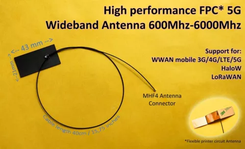 MHF4 Laptop Antenne Antenna WWAN 5G/LTE, LoRaWan , HaLoW, Wideband 600-6000Mhz