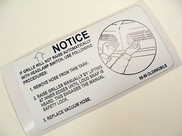 Oldsmobile Toronado 1968-1969 faro vacío puerta tanque calcomanía motor Foto 4 de 4