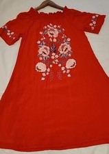 Red Dress Tunic Women Medium Floral Print Boho Fairy Off Shoulder Hippie Gypsy 