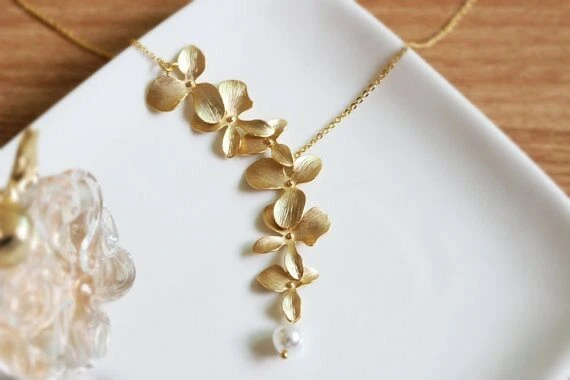 Colar Y pingente pingente pérola flor orquídea fosca ZARD em prata e tom dourado - Imagem 3 de 4