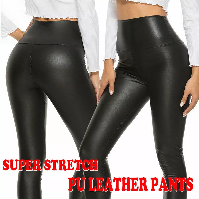 Faux PU Leather Skinny Pants High Waist Push Up Butt Lift Stretch Legging  Black