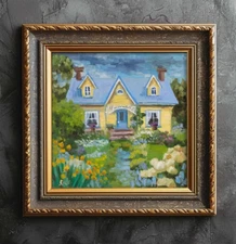 Yellow House Painting Summer Garden Oil Original Wall Art Landscape Artwork