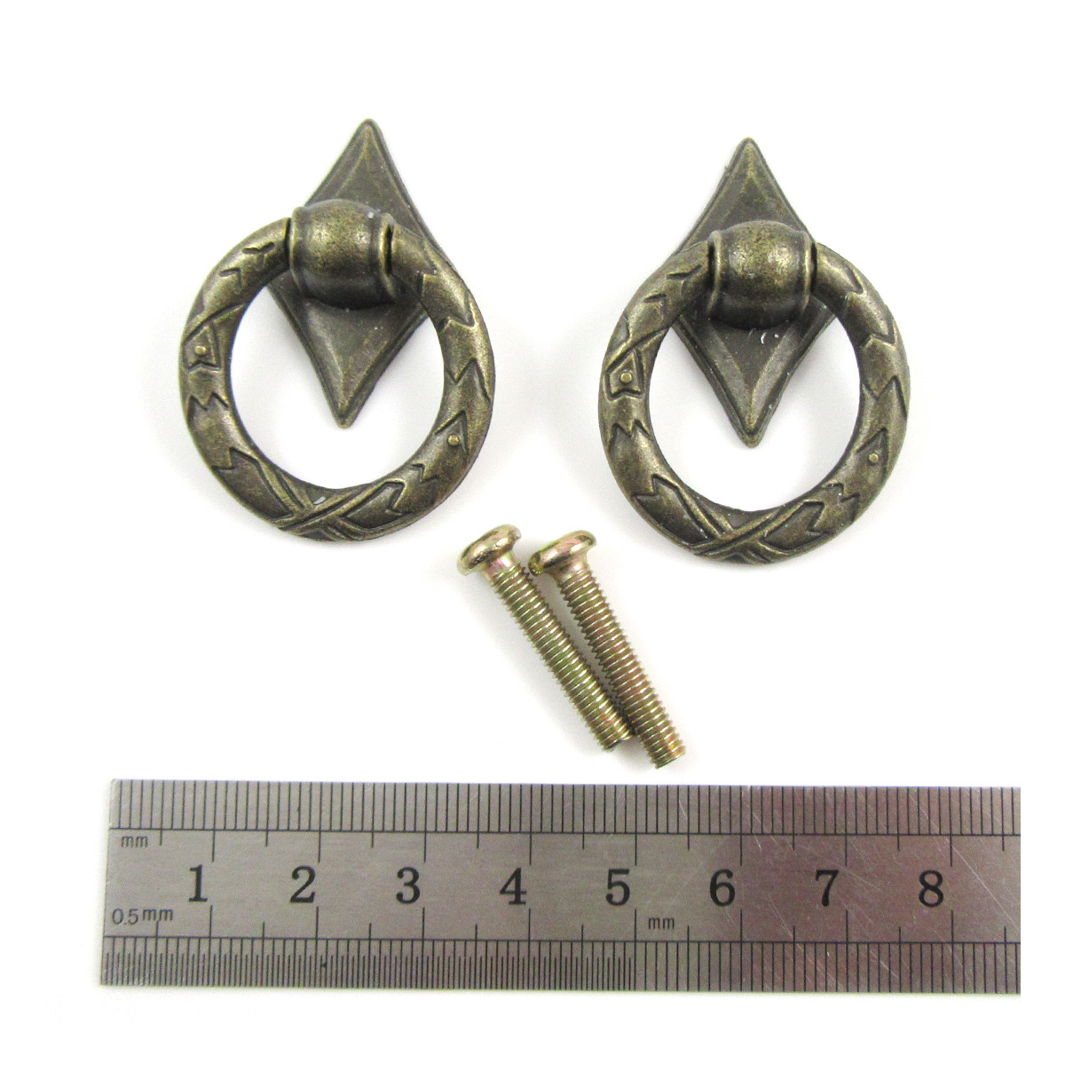 2 ANTIQUE BRASS PULL RING HANDLE 42mm CUPBOARD DIY with SCREWS