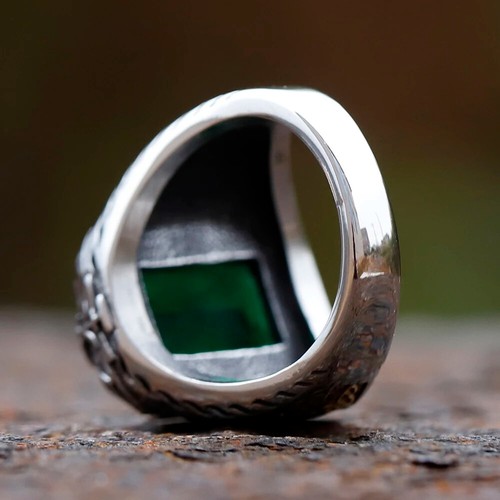 Green Zircon Crown Totem Stainless Steel Retro Biker Turkish Luxury Signet Ring - Picture 5 of 10