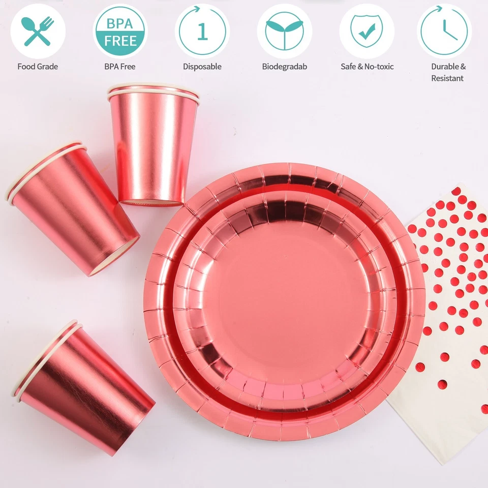 Platos, tazas, cubiertos, servilletas, pajitas, 50 invitados 400 piezas de suministros de fiesta de oro rosa Foto 3 de 4