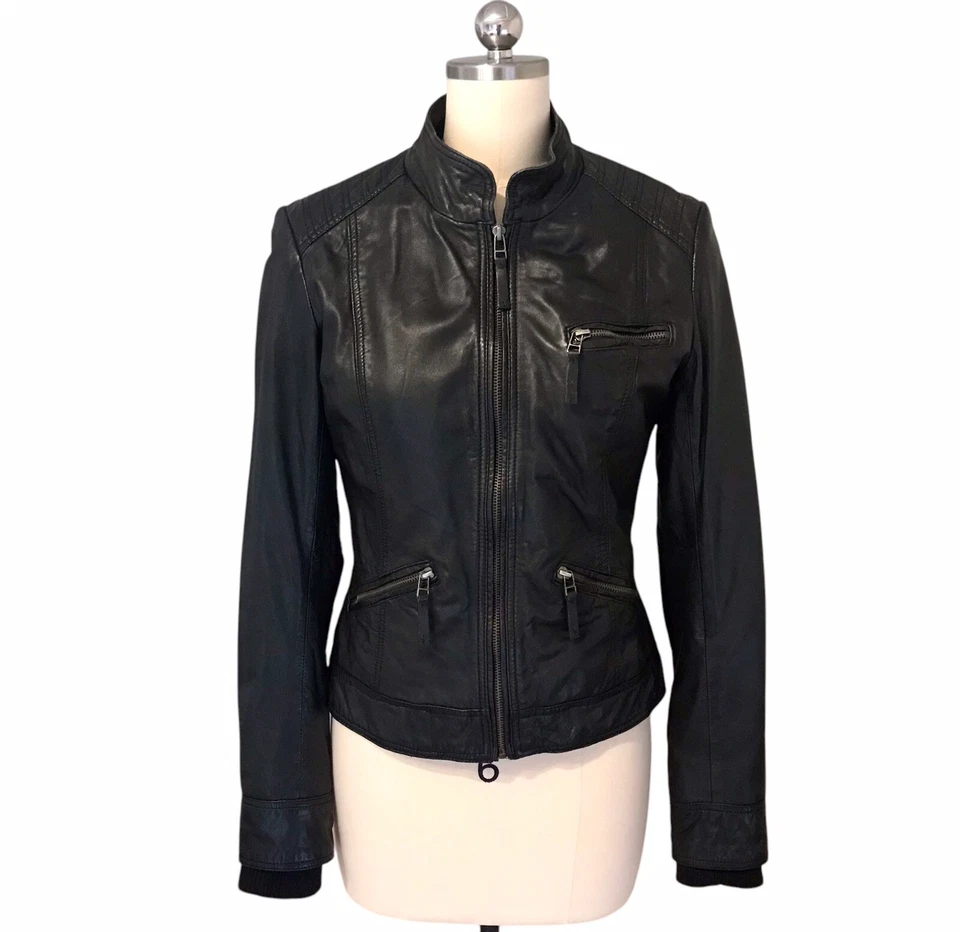 Bod & Christensen Black Leather Cafe Racer Jacket Zippers Lined Women’s Sz S - Image 2 of 4