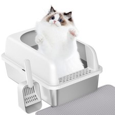 Stainless Steel Cat Litter Box with Lid High Wall Sides Enclosure Non-Sticky ...