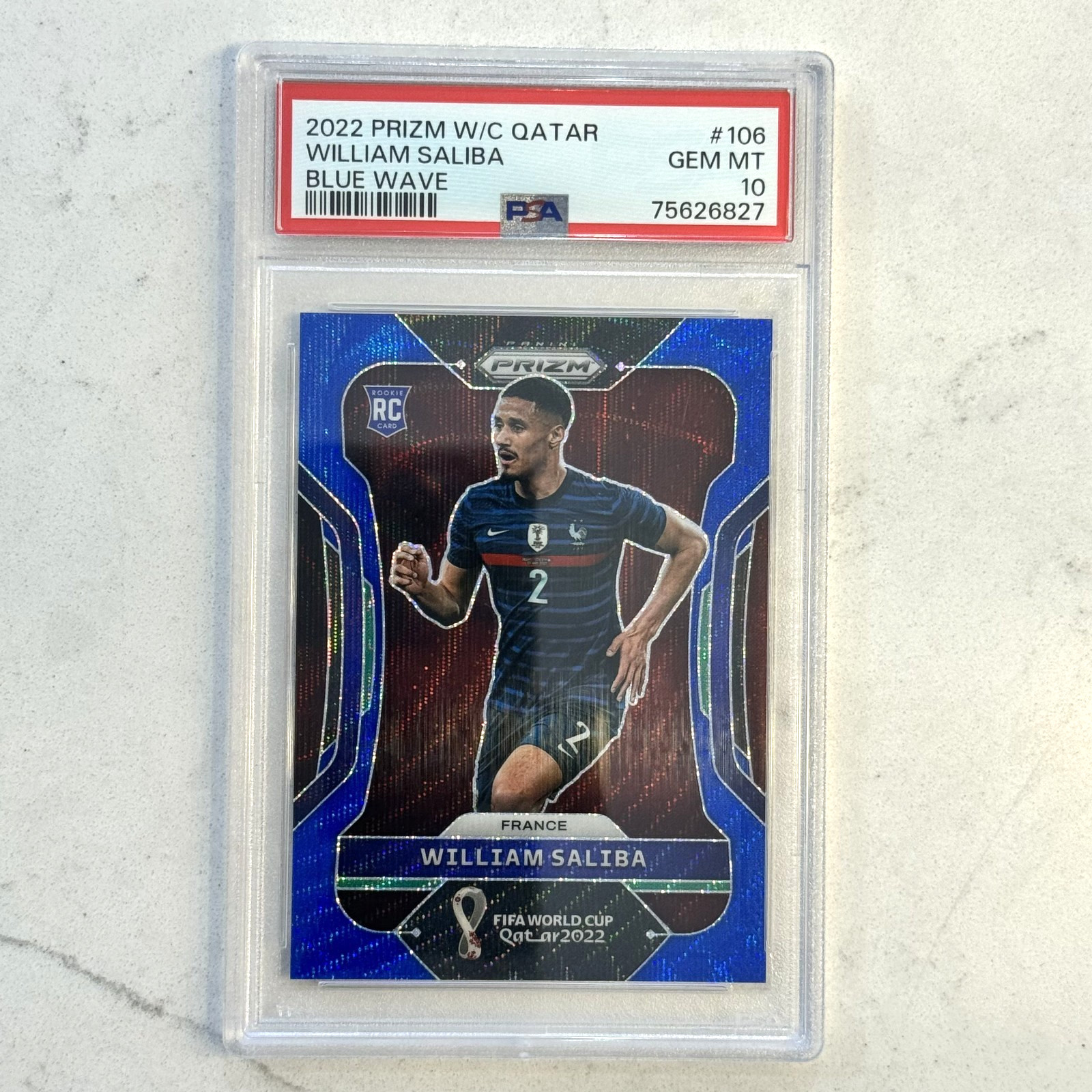 2022 Panini Prizm World Cup #106 William Saliba Blue Wave Prizm Rc /199 PSA 10