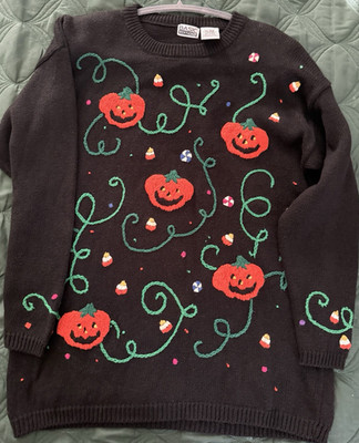 Vintage Smiling Pumpkin Candy Corn Fall Sweater Shoulder Pads Sleeve Design ''L''