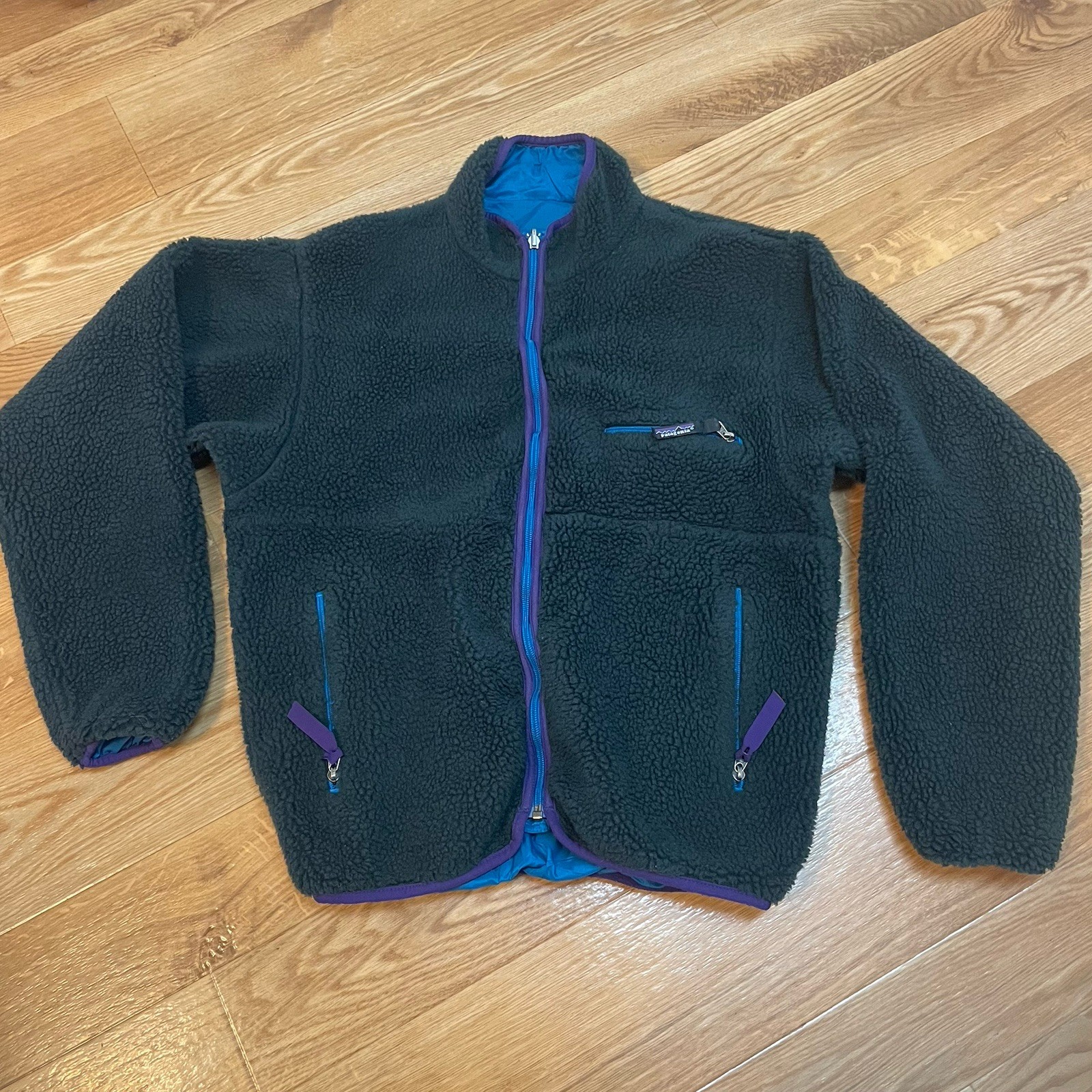 VTG 90s Patagonia Glissade Jacket Mens M Blue/Green Deep Pile Fleece Reversible