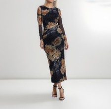 Quiz Gothic Dark Floral Midi Dress NEW Size 10 Ruched Sheer Sparkle Brown Black