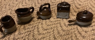 Vintage 5 Piece Toy Stoneware Mini Kitchen Set Browns Miniature Doll House