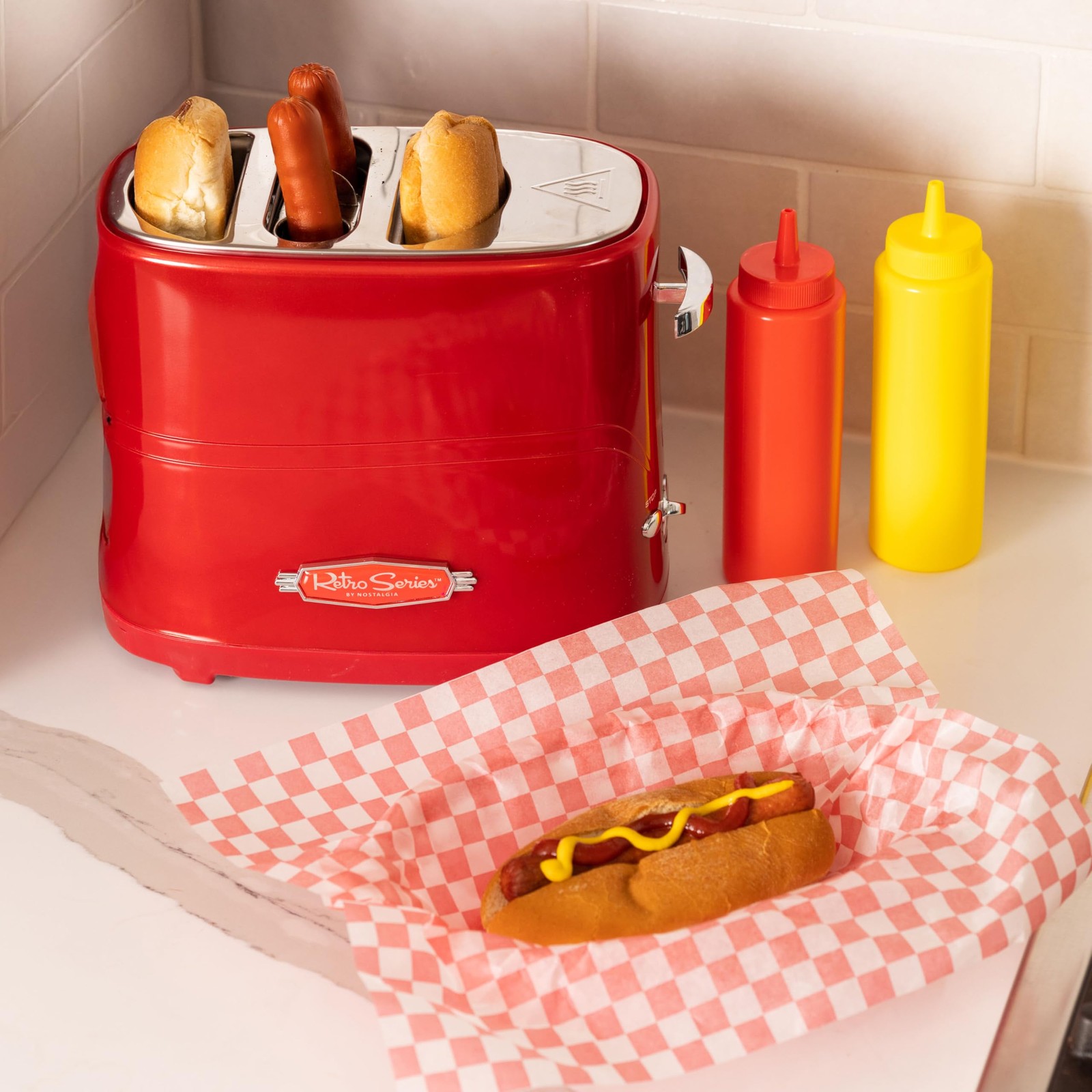 Nostalgia 2 Slot Hot Dog and Bun Toaster with Mini Tongs, Retro Toaster, Cooker 