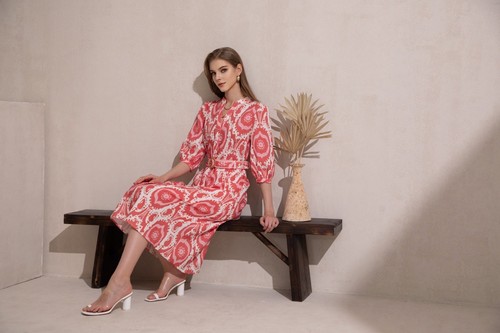 GDS Dress Size M 12 Pink Red Linen Midi Puff Sleeve Races Party Event Abyss - Picture 7 of 10