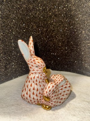 Vintage Herend Rabbit Twin Sitting Orange Fishnet Figurine 3.5'' Tall Hungary