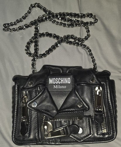 Moschino Couture Jeremy Scott Biker Jacket Bag Black Leather Chain Crossbody