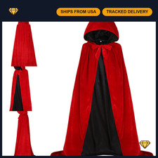 Reversible Velvet Hooded Cape Cloak with Satin Lining for Halloween Costume