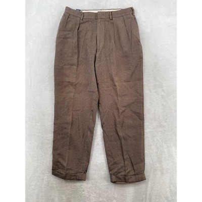 Polo Ralph Lauren Pleated Trousers 33x29 Brown Tencel Cotton Micro Houndstooth