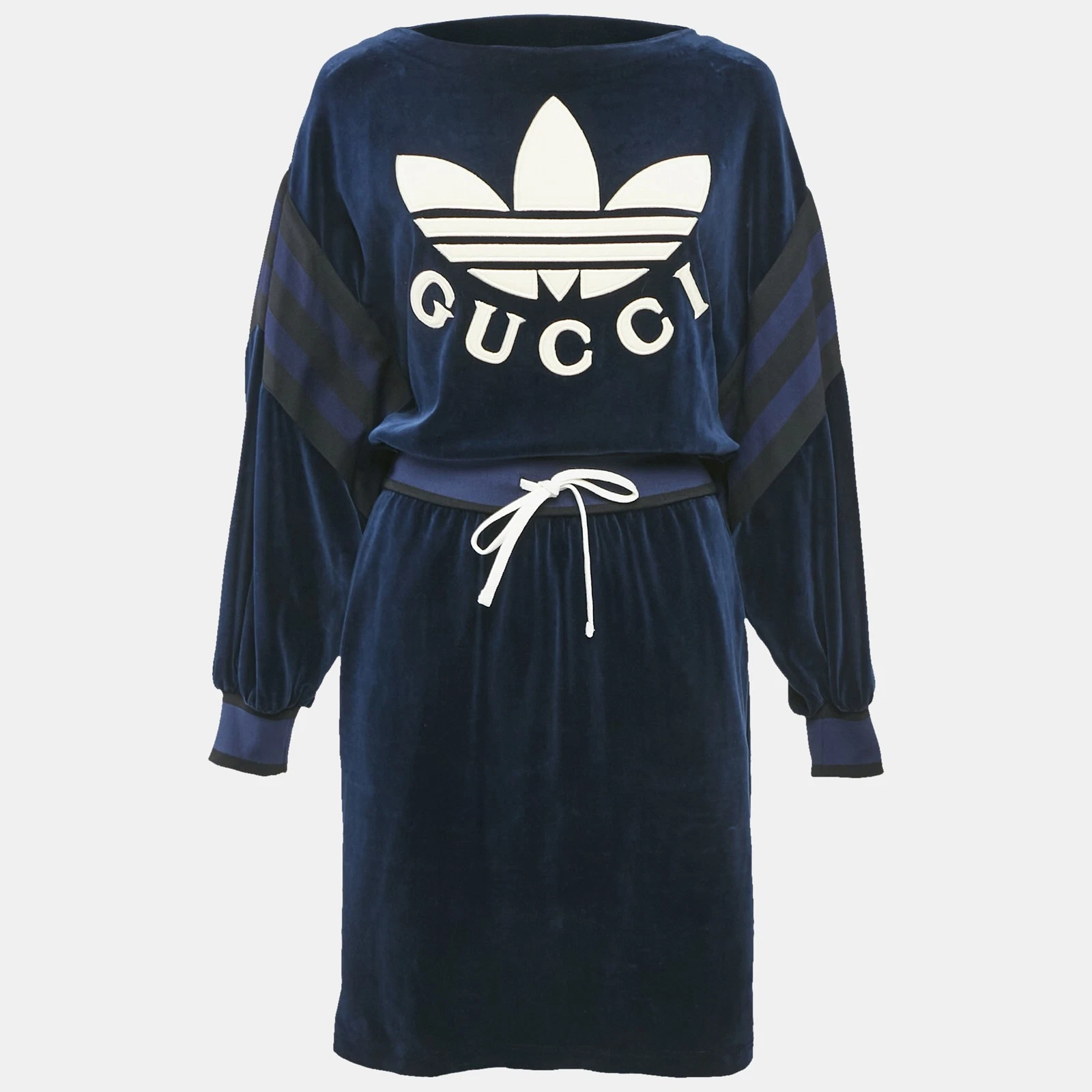 Abito corto Gucci blu navy in velluto con logo e dettagli applicati S