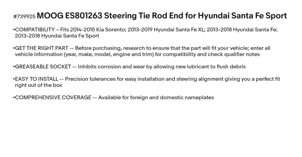 Extremo de varilla de amarre de dirección MOOG ES801263 para Hyundai Santa Fe Sport Foto 2 de 4