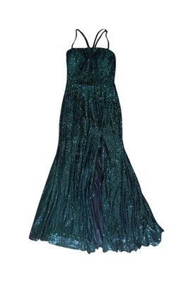 Dear Emilia Leg Slit Green Sequin Fit & Flare Adjustable Strap Formal Dress Sz M