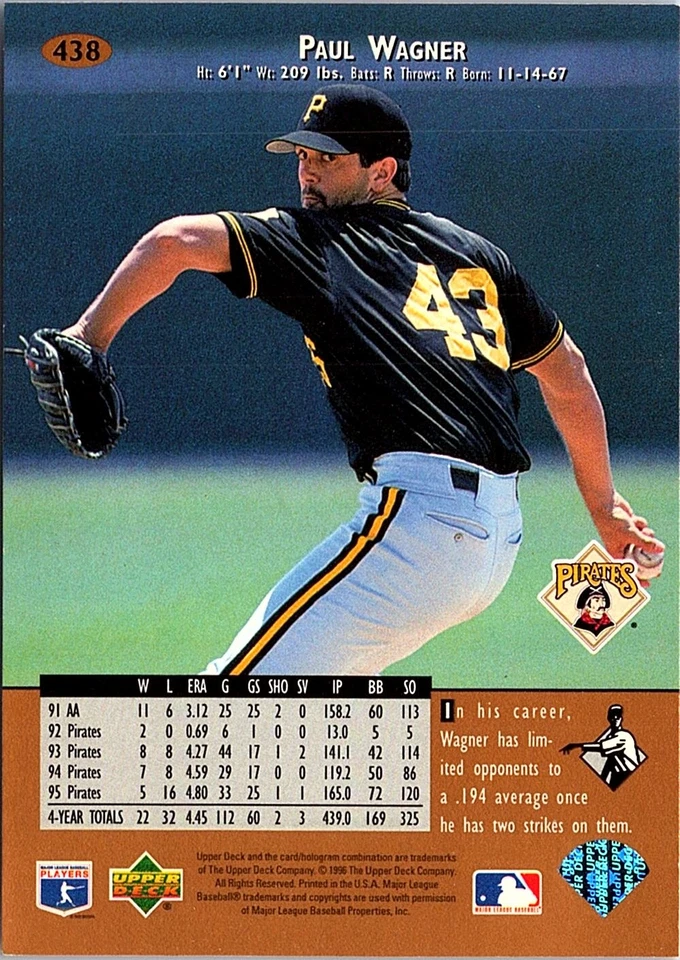 Paul Wagner 1996 Upper Deck #438 Pittsburgh Pirates - Image 2 of 2