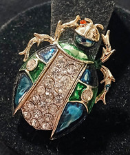 Jeweled Beetle Bug Brooch Pin Blue Green Enamel Rhinestone Gold Tone Vintage