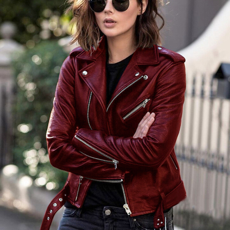 Women Faux Leather Jacket Coat Long Sleeve Zipper Short
