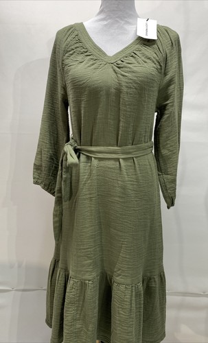 Lucky Brand Womens Sz XS Sage Green V Neck Belted Ruffle Hem Crinkle Midi Dress - Picture 10 of 12